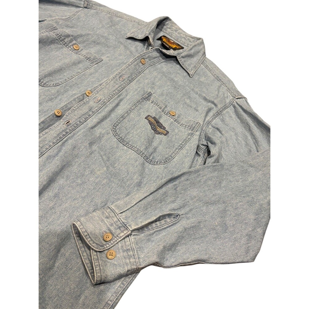 VTG Harley Davidson Shirt Men Blue Denim Button Down Long Sleeve Pockets Size M